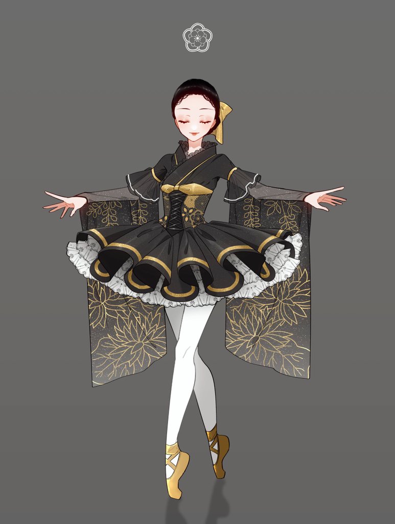 1girl, ballerina, ballet, ballet_slippers, black_dress, black_hair, closed_mouth, corset