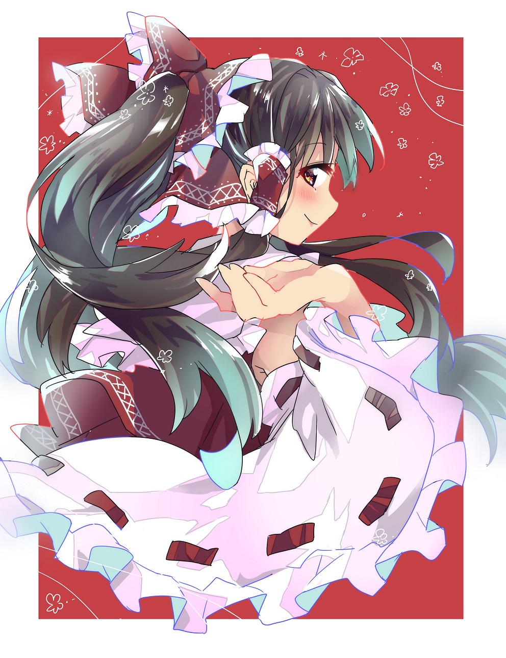 1girl, alternate_hairstyle, armpits, bangs, black_hair, blush, border, bow