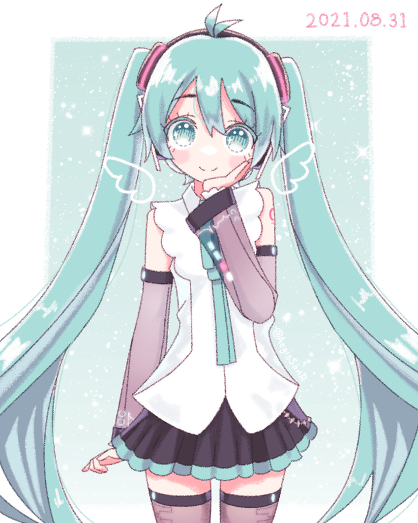 1girl, aegissanp, ahoge, angel_wings, arms_up, bangs, blue_eyes, blue_hair