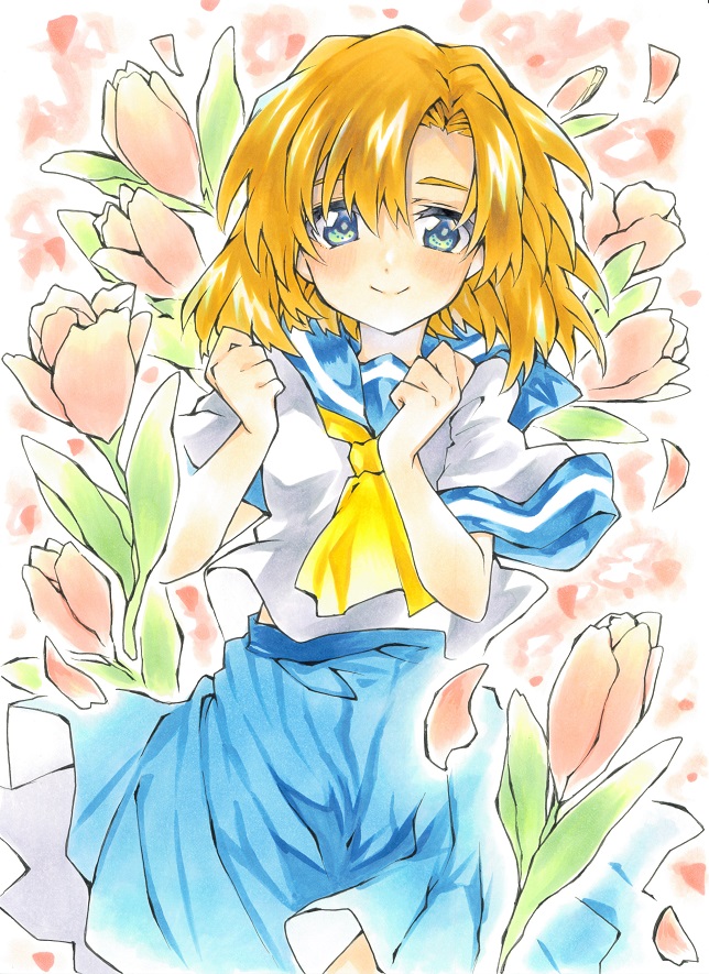 1girl, bangs, blue_eyes, blue_sailor_collar, blue_skirt, breasts, closed_mouth, cowboy_shot, flower, hands_up, higurashi_no_naku_koro_ni, looking_at_viewer, marker_(medium), mikama, neckerchief, orange_hair, parted_bangs, petals, ryuuguu_rena, sailor_collar, school_uniform, serafuku, shirt, short_hair, skirt, small_breasts, smile, solo, split_mouth, traditional_media, white_shirt, yellow_neckerchief