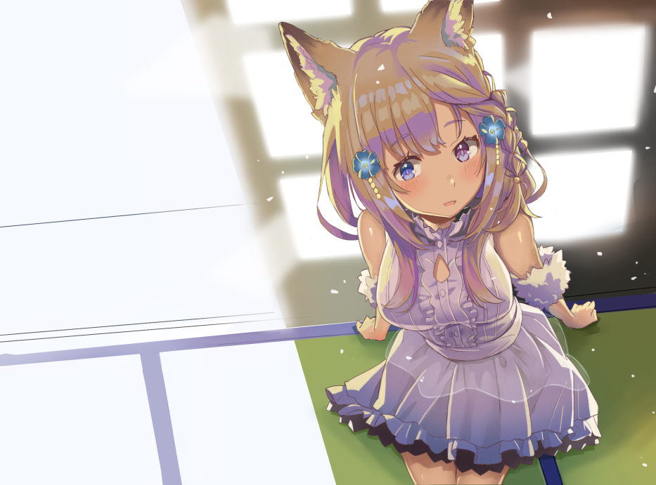 1girl, animal_ear_fluff, animal_ears, backlighting, bare_shoulders, blonde_hair, blue_eyes, blush, braid, breasts, center_frills, clothing_cutout, commentary, dress, flower, fox_ears, fox_girl, frilled_dress, frills, fur_armlet, hair_flower, hair_ornament, hand_on_railing, heterochromia, komori_aina, layered_dress, long_hair, medium_breasts, railing, raised_eyebrows, ru_roiroiro, side_braid, solo, violet_eyes, virtual_youtuber, wactor_production, white_dress