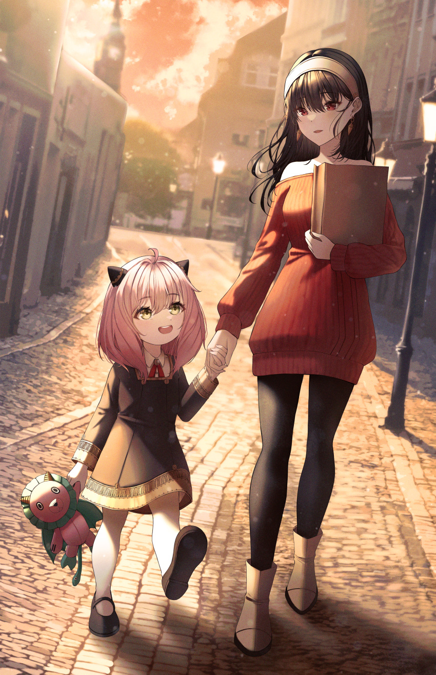 2girls, :d, absurdres, ahoge, ankle_boots, anya_(spy_x_family), bag, bare_shoulders