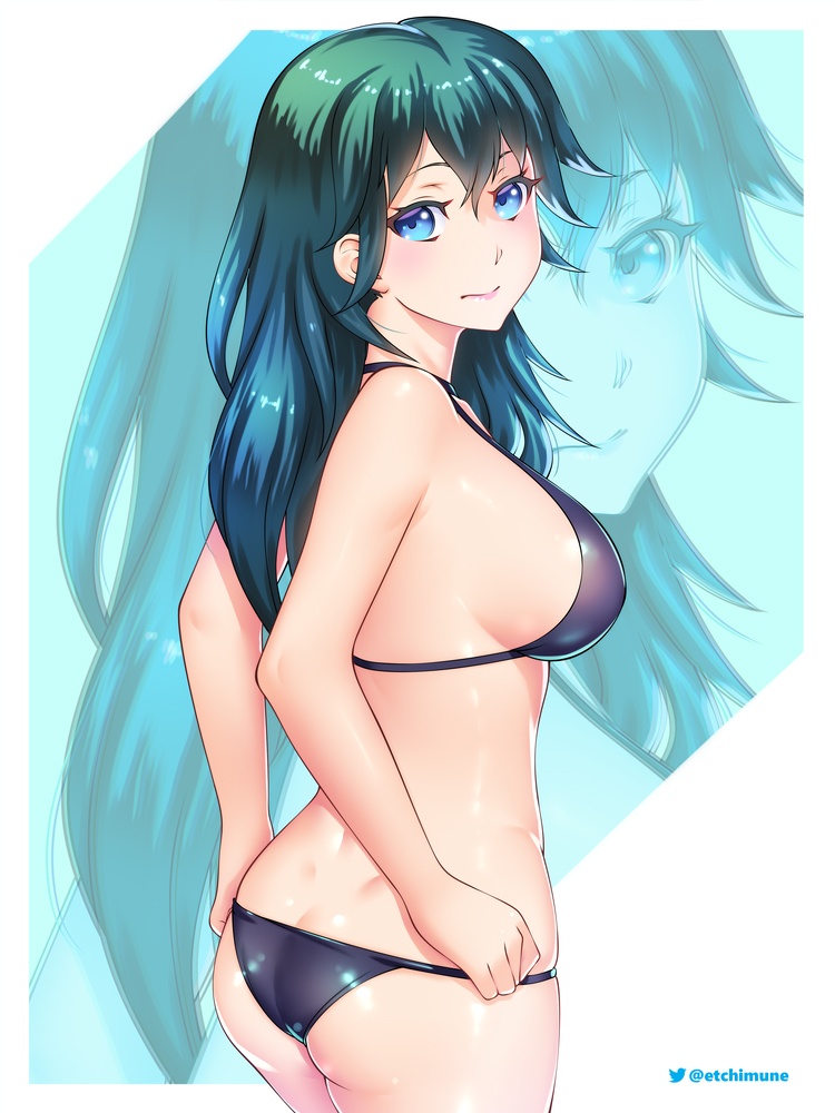 1girl, ass, back, bikini, blue_eyes, blush, breasts, byleth_(fire_emblem)