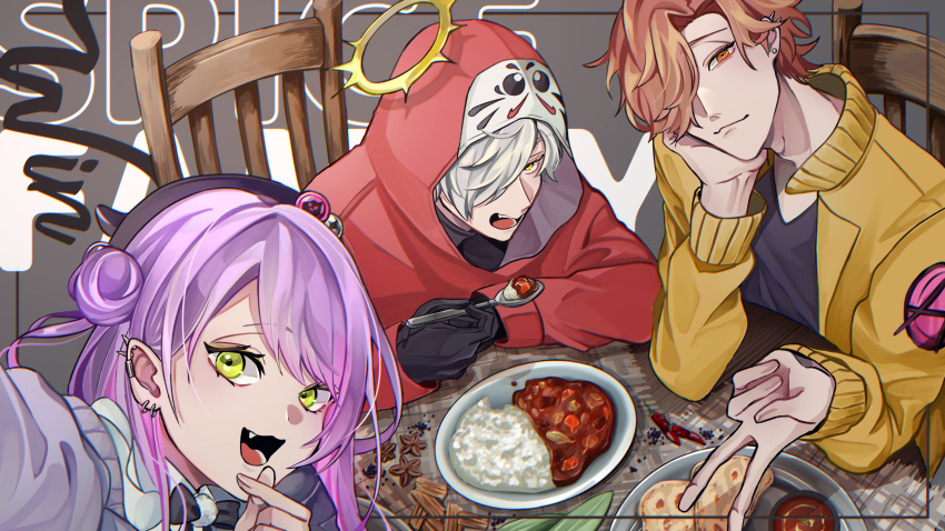 1girl, 2boys, arisakaaa_(crazy_raccoon), black_bow, black_bowtie, black_gloves, black_headwear, black_shirt