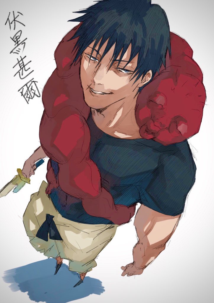 1boy, black_hair, blue_eyes, closed_eyes, collarbone, foreshortening, fushiguro_touji, grey_background