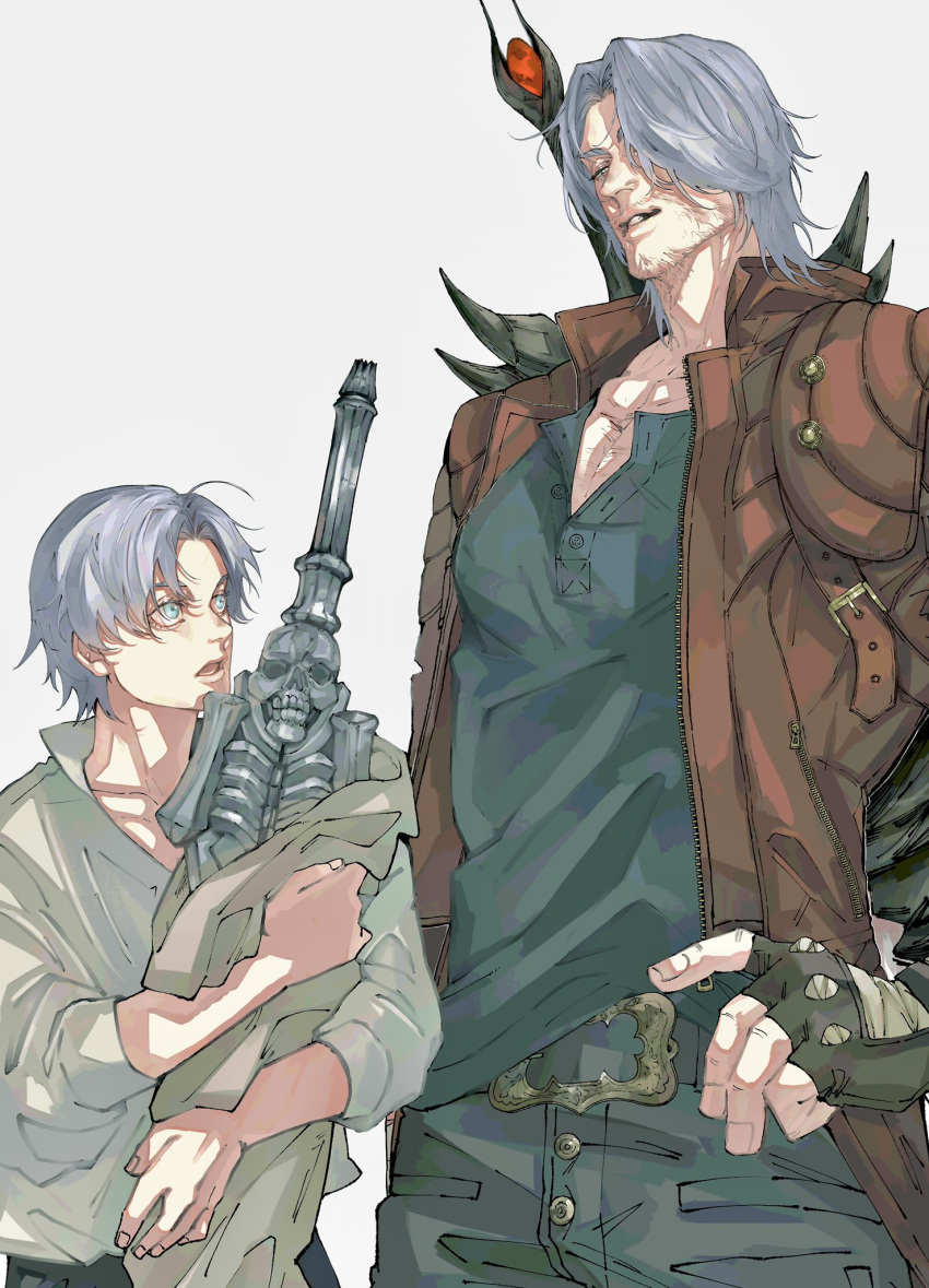 1boy, ahoge, bandaged_hand, bandages, belt, belt_buckle, black_gloves, blue_eyes