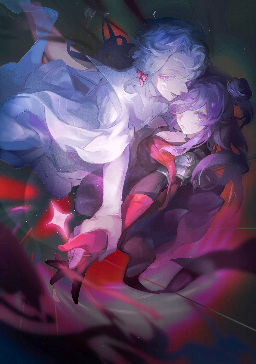 1girl, absurdres, arval_(fire_emblem), bangs, blue_eyes, breasts, cape, fire_emblem, fire_emblem:_three_houses, fire_emblem_warriors:_three_hopes, hair_bun, hair_over_one_eye, highres, holding_hands, long_hair, looking_at_viewer, medium_hair, nanami_(m_os), purple_hair, red_eyes, shez_(fire_emblem), shez_(fire_emblem)_(female), short_hair, simple_background, single_hair_bun, smile, violet_eyes, white_hair