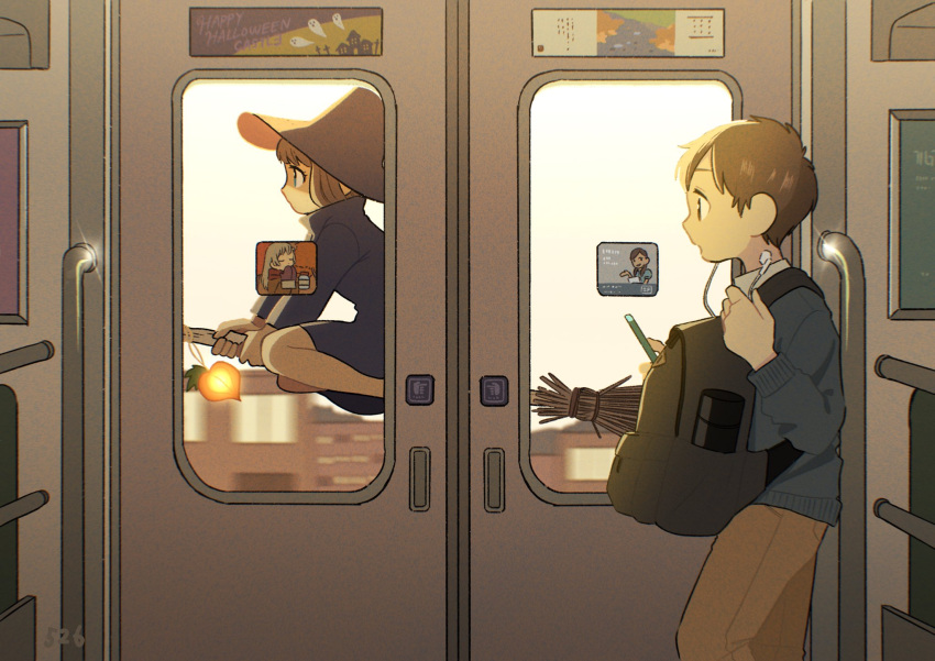 1boy, 1girl, backpack, bag, black_dress, board, broom, broom_riding