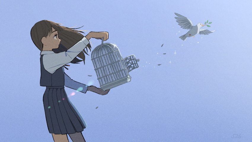 1girl, animal, bangs, beak_hold, bird, birdcage, blue_background, blue_skirt, blue_sky, branch, brown_hair, cage, collared_shirt, commentary_request, cowboy_shot, day, dove, floating_hair, from_side, glint, hair_between_eyes, highres, holding, kojiro337, long_hair, looking_at_animal, looking_away, neck_ribbon, original, outstretched_arms, pleated_skirt, red_ribbon, ribbon, shirt, skirt, skirt_set, sky, sparkle, standing, white_shirt, wind