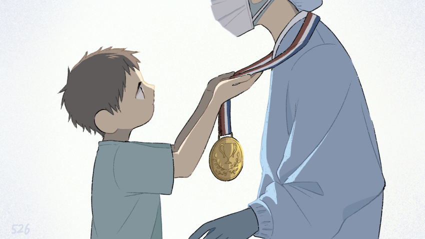 1boy, 1other, blue_gloves, brown_hair, child, commentary_request, covered_mouth, from_side