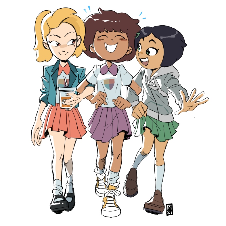 1girl, 3girls, amphibia, anne_boonchuy, blonde_hair, brown_eyes, brown_hair, english_text, hair_ornament, hairclip, holding, junsui_(omori0310), looking_at_viewer, marcy_wu, multiple_girls, non-web_source, sasha_waybright, school_uniform, shirt, short_hair, simple_background, smile, solo