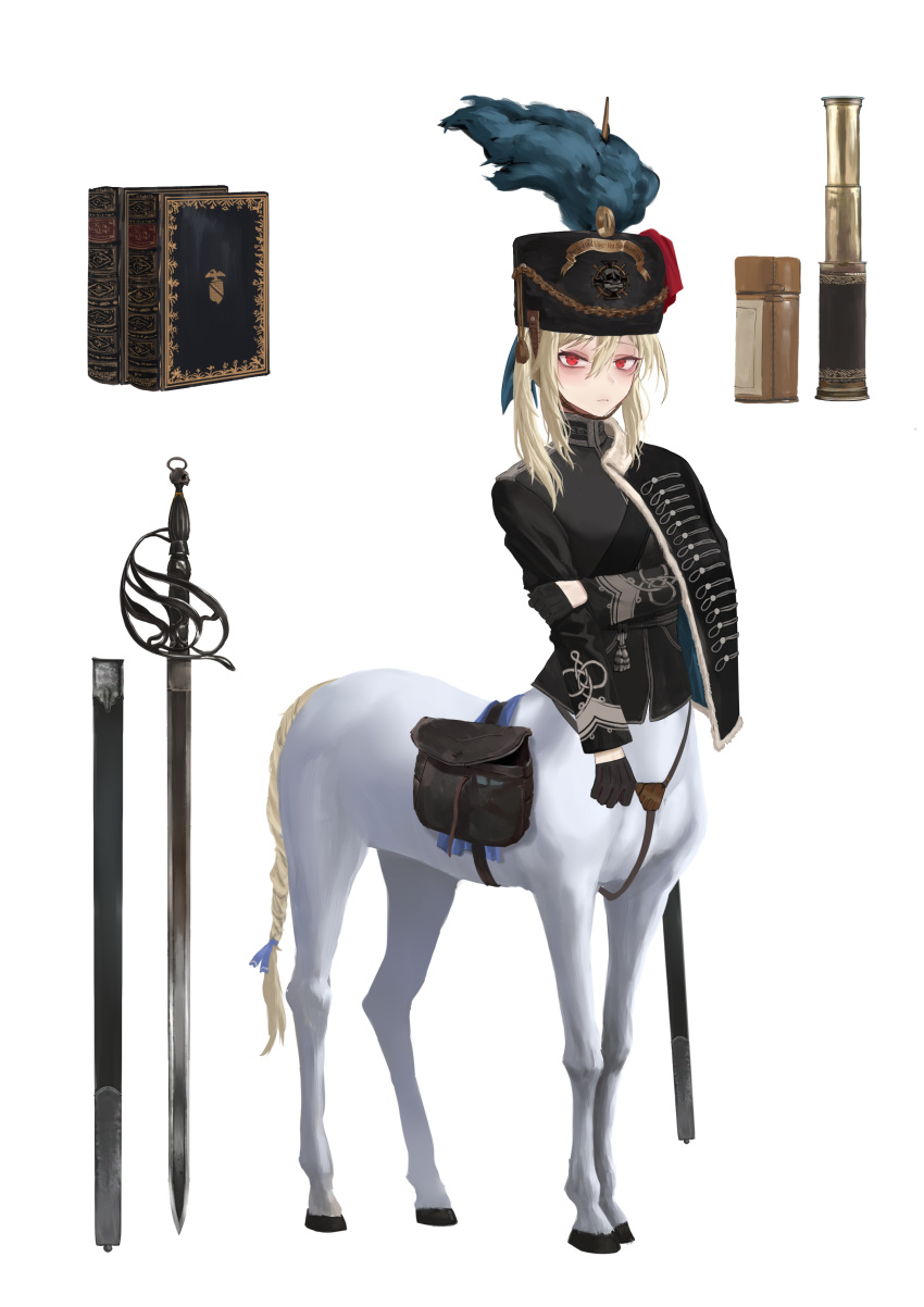 1girl, absurdres, animal_ears, bangs, belt_pouch, black_cape, black_gloves, black_headwear, black_jacket, book, braided_tail, breasts, cape, centaur, chinese_commentary, closed_mouth, commentary_request, full_body, gloves, hair_between_eyes, half_gloves, hat, hat_feather, highres, horse_tail, jacket, long_hair, looking_at_viewer, medium_breasts, military, military_hat, military_jacket, monster_girl, multiple_legs, original, pouch, red_eyes, sheath, sidelocks, simple_background, solo, standing, sword, tail, taur, unsheathed, weapon, white_background, white_hair, zhayoulu