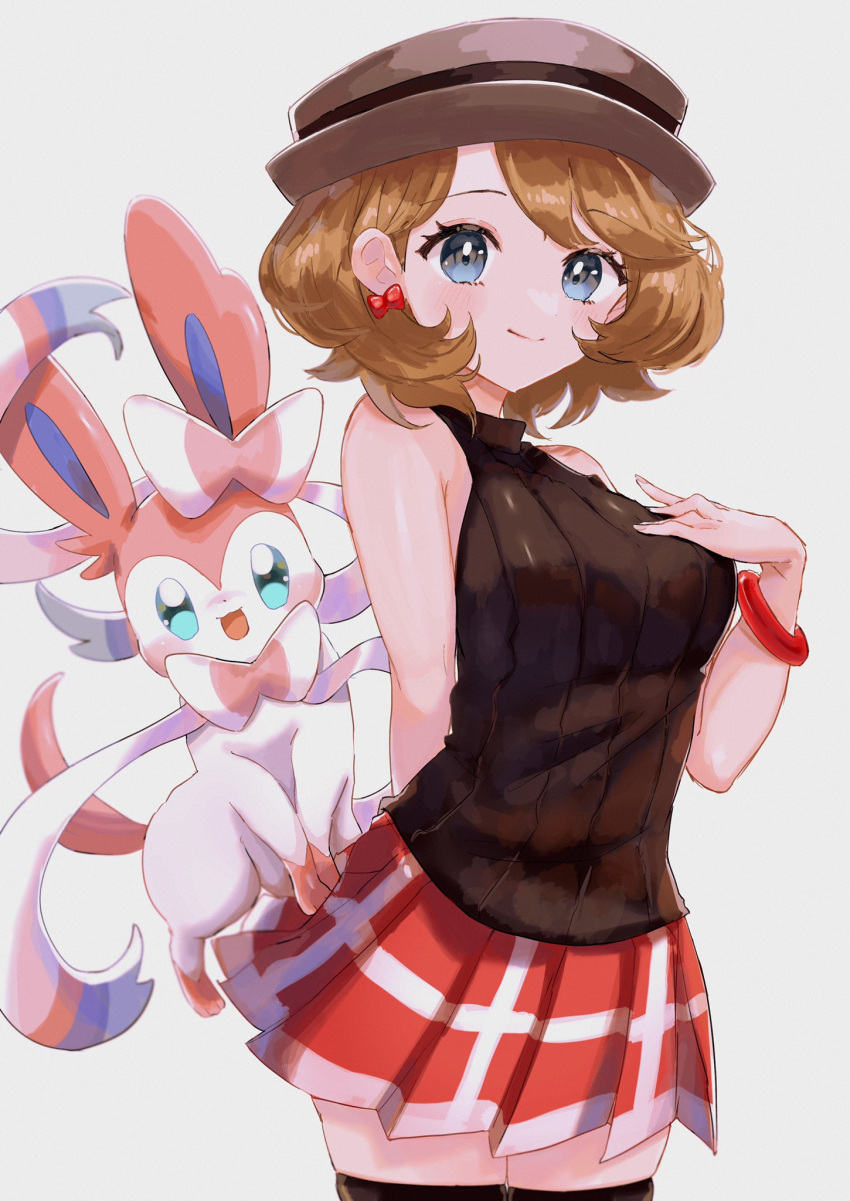 1girl, bangs, blue_eyes, blush, bracelet, brown_hair, brown_vest, closed_mouth, commentary_request, earrings, eyelashes, grey_headwear, hat, highres, jewelry, looking_at_viewer, mcmcusg, medium_hair, pokemon, pokemon_(anime), pokemon_(creature), pokemon_journeys, red_skirt, serena_(pokemon), shiny, shiny_skin, skirt, smile, sweater_vest, sylveon, thigh-highs, vest