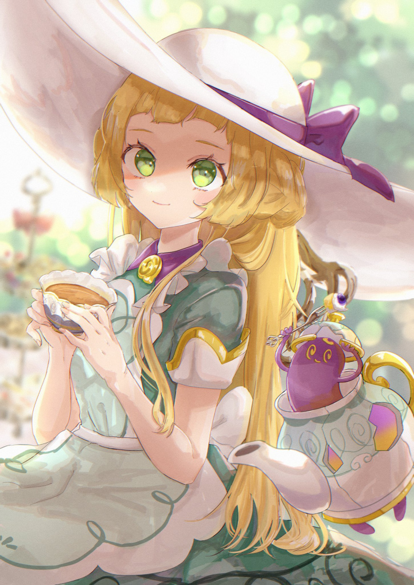 1girl, apron, bangs, blonde_hair, blurry, bow, closed_mouth, commentary_request
