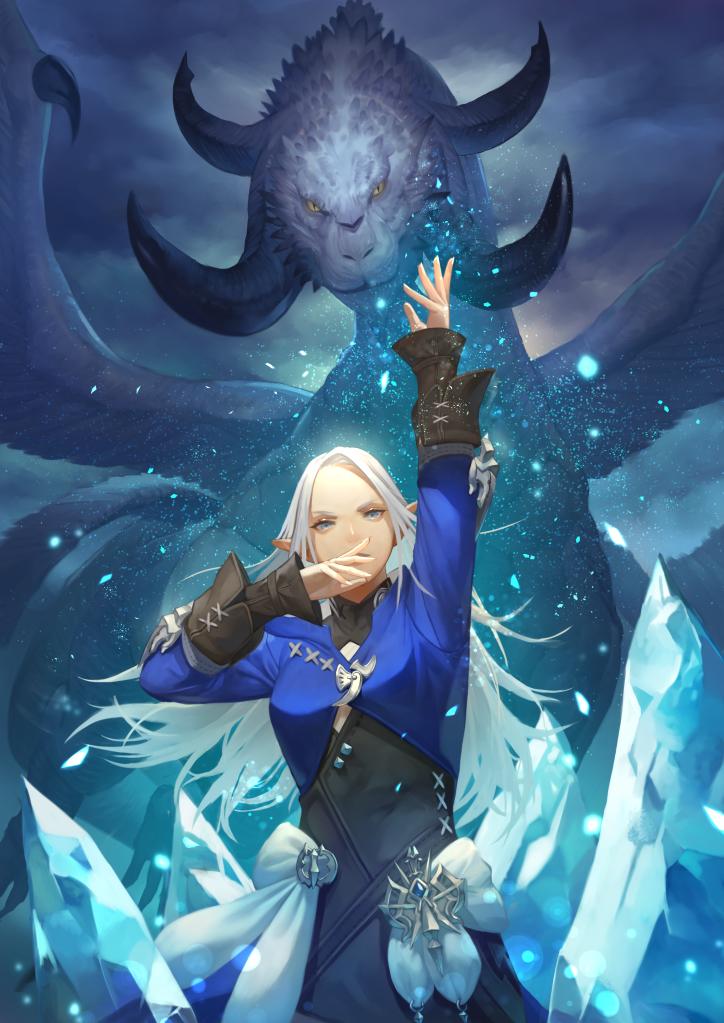 1girl, arm_up, blue_eyes, blue_jacket, brooch, clouds, cloudy_sky, covered_mouth