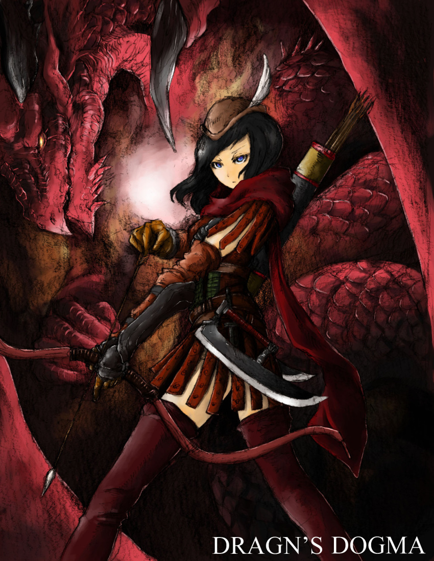 1girl, arisen_(dragon's_dogma), arm_armor, arrow_(projectile), black_hair, blue_eyes, bolt0002, bow_(weapon)