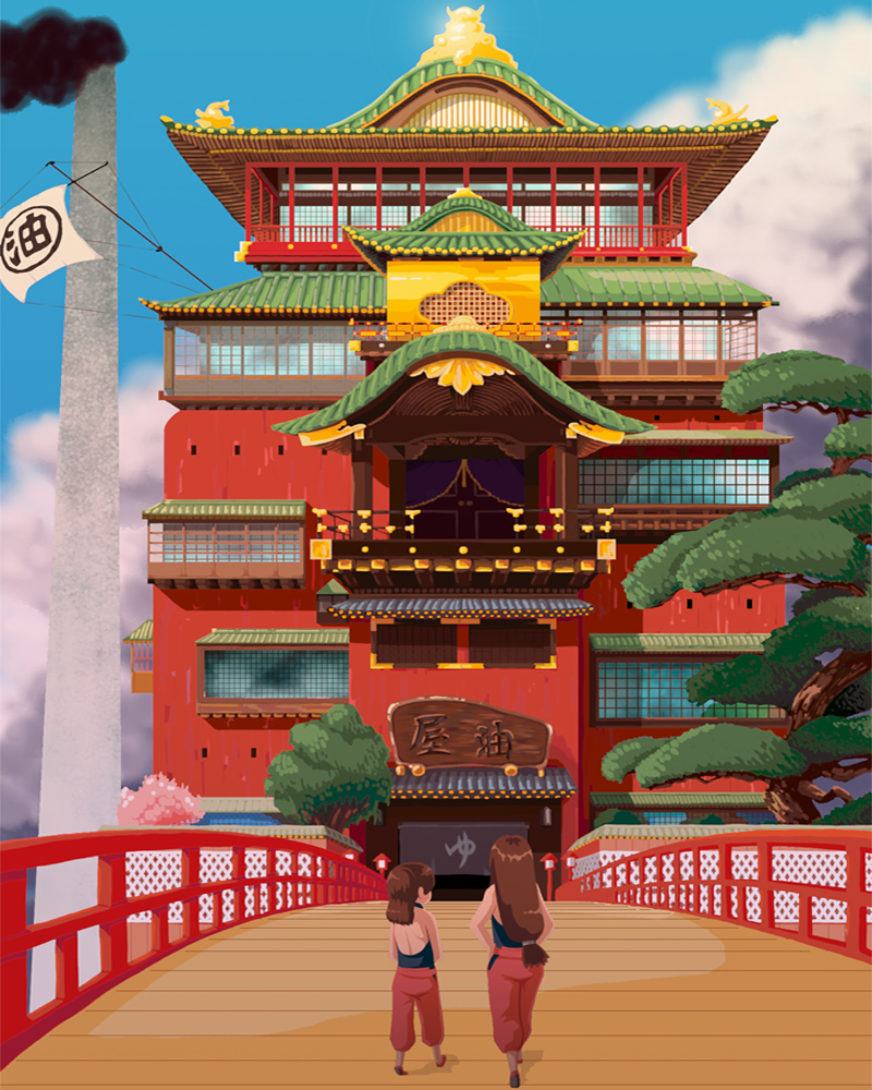 2girls, anna_(or), architecture, blue_sky, bridge, brown_hair, character_request, clouds, flag, from_behind, full_body, long_hair, medium_hair, multiple_girls, ogino_chihiro, outdoors, rin_(sen_to_chihiro_no_kamikakushi), sen_to_chihiro_no_kamikakushi, sky, standing, studio_ghibli, tree