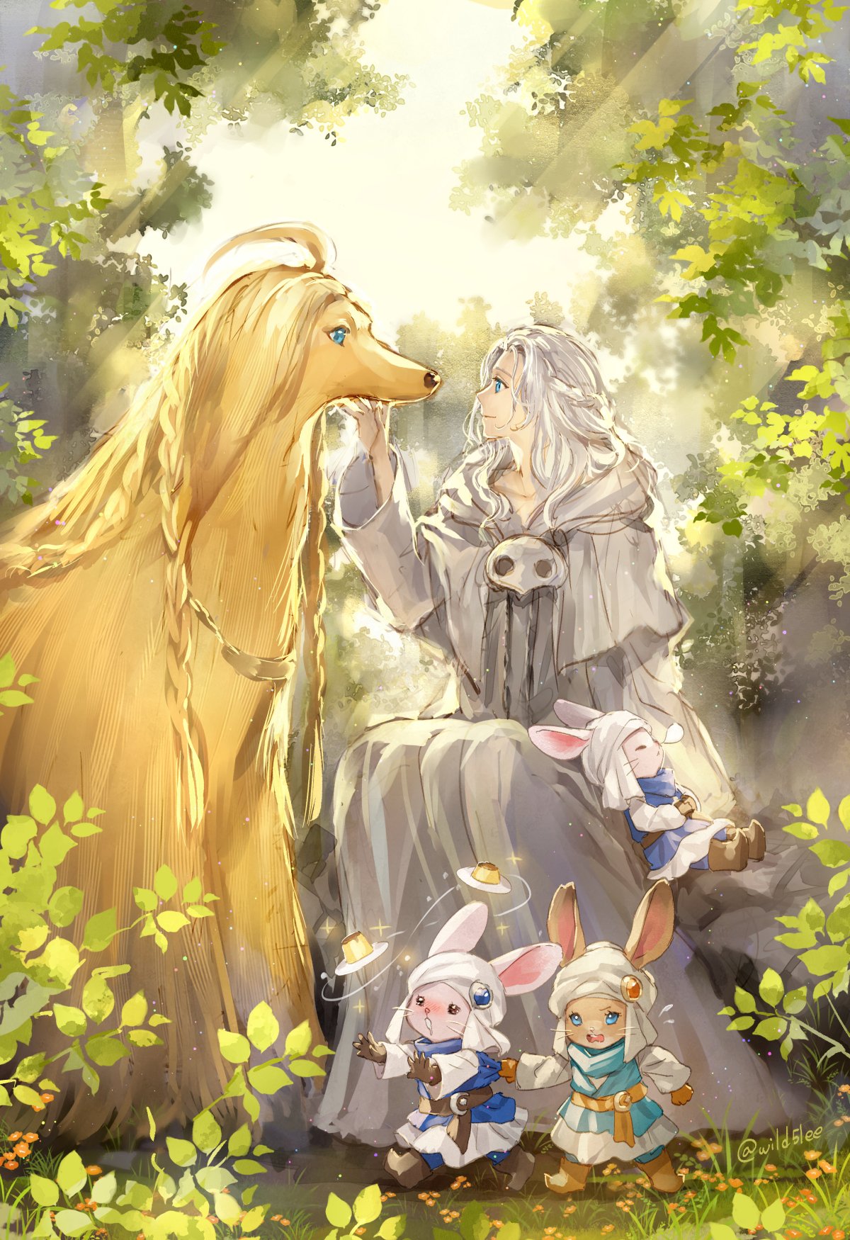 1girl, 3others, androgynous, animal_ears, argos_(ff14), blue_eyes, boots, braid