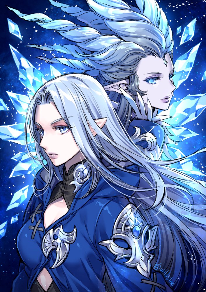 2girls, blue_background, blue_eyes, blue_hair, blue_jacket, crystal, dual_persona, elezen
