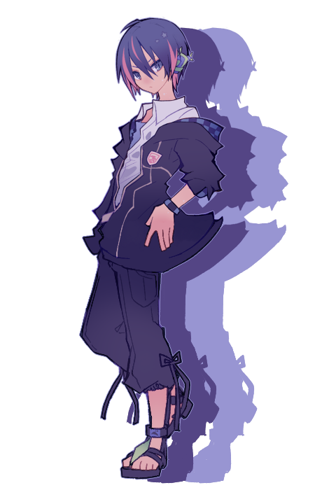 1bitheart, 1boy, bangs, blue_eyes, blue_footwear, blue_hair, blue_jacket, blue_pants, bracelet, capri_pants, full_body, hands_on_hips, headphones, jacket, jewelry, long_sleeves, looking_at_viewer, male_focus, miwasiba, multicolored_hair, official_art, pants, pink_hair, sandals, shirt, solo, streaked_hair, suoh_natsukage, tan, transparent_background, white_shirt