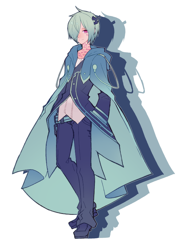 1bitheart, 1boy, aisaka_mikado, blue_footwear, blue_jacket, blue_pants, cape, closed_mouth, earphones_removed, full_body, green_cape, green_hair, hands_in_pockets, jacket, looking_at_viewer, miwasiba, number_tattoo, official_art, pants, pink_eyes, shirt, smile, solo, tattoo, transparent_background, white_shirt