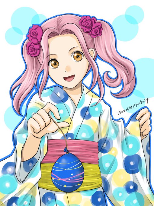 1girl, :d, dated, flower, hair_flower, hair_intakes, hair_ornament, hannelole_(honzuki_no_gekokuji)