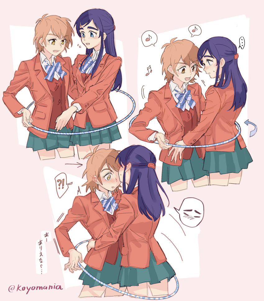 !?, ..., 2girls, :d, absurdres, arrow_(symbol), blazer, blue_eyes