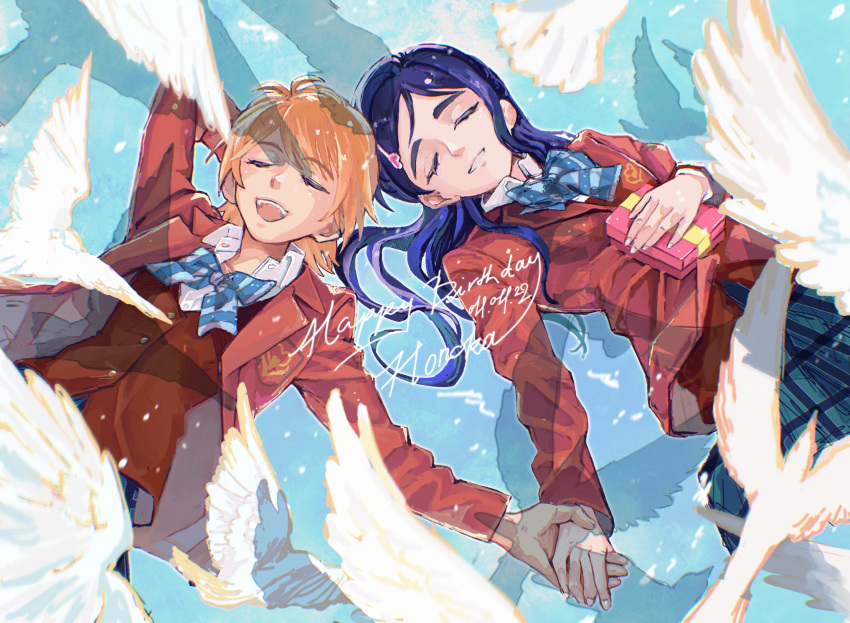 2girls, :d, aqua_skirt, bird, blonde_hair, blue_bow, blue_bowtie, blue_hair