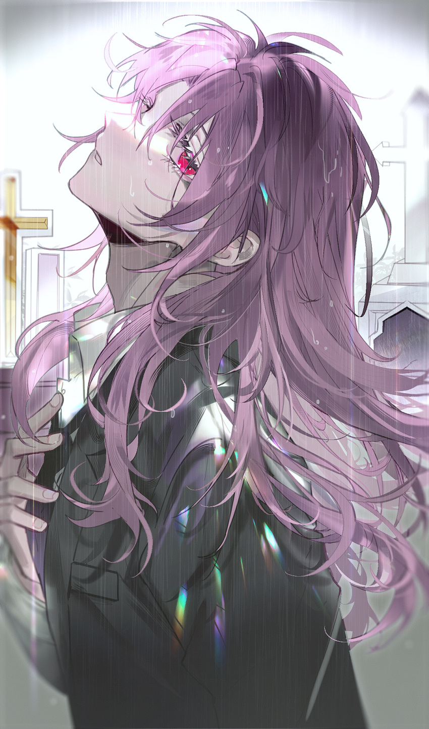 1boy, adam's_apple, bangs, black_jacket, collared_shirt, cross, eyelashes, from_side