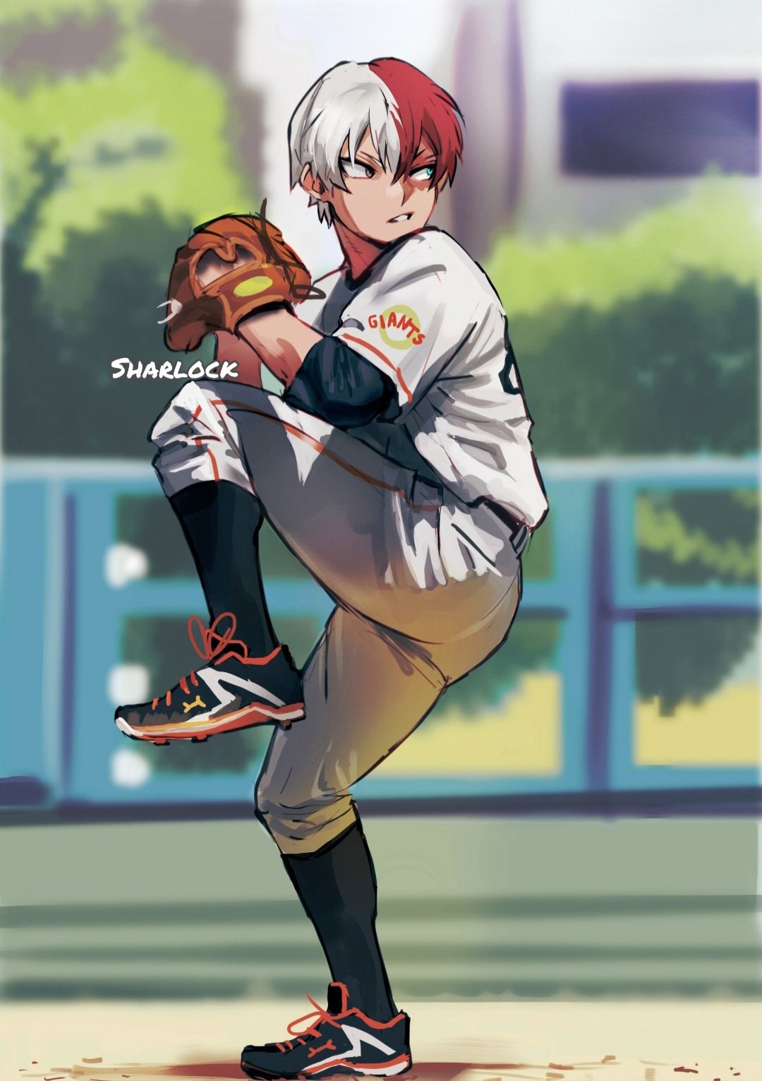 1boy, artist_name, baseball, baseball_mitt, baseball_uniform, blue_eyes, blurry, blurry_background