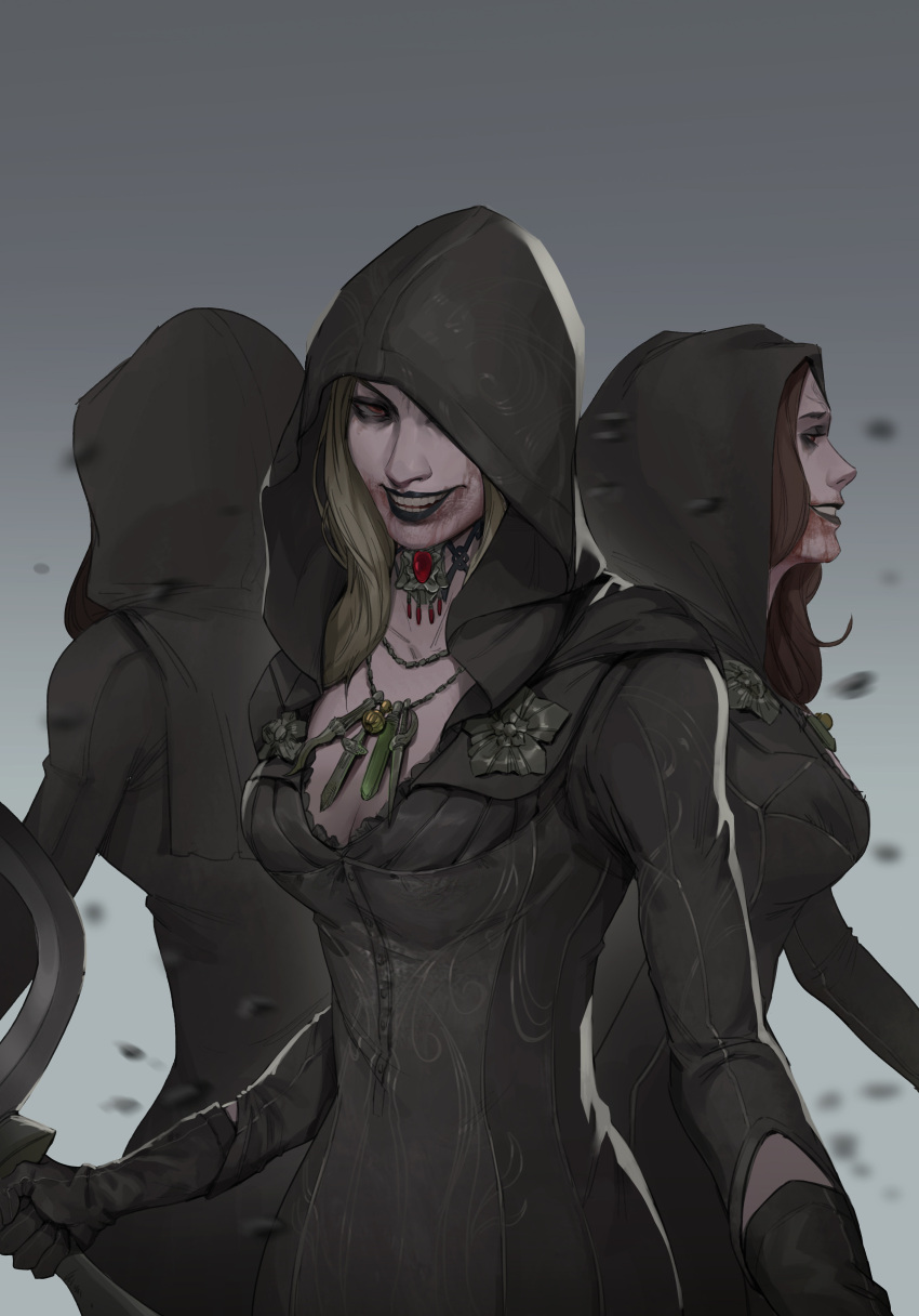 3girls, absurdres, bela_dimitrescu, black_lips, blonde_hair, blood, blood_on_face, brown_hair, bug, cassandra_dimitrescu, cowboy_shot, daniela_dimitrescu, dress, eyeliner, fly, gradient, gradient_background, grin, highres, hood, jewelry, lijialuan, makeup, multiple_girls, necklace, pale_skin, resident_evil, resident_evil_village, sickle, simple_background, smile, teeth