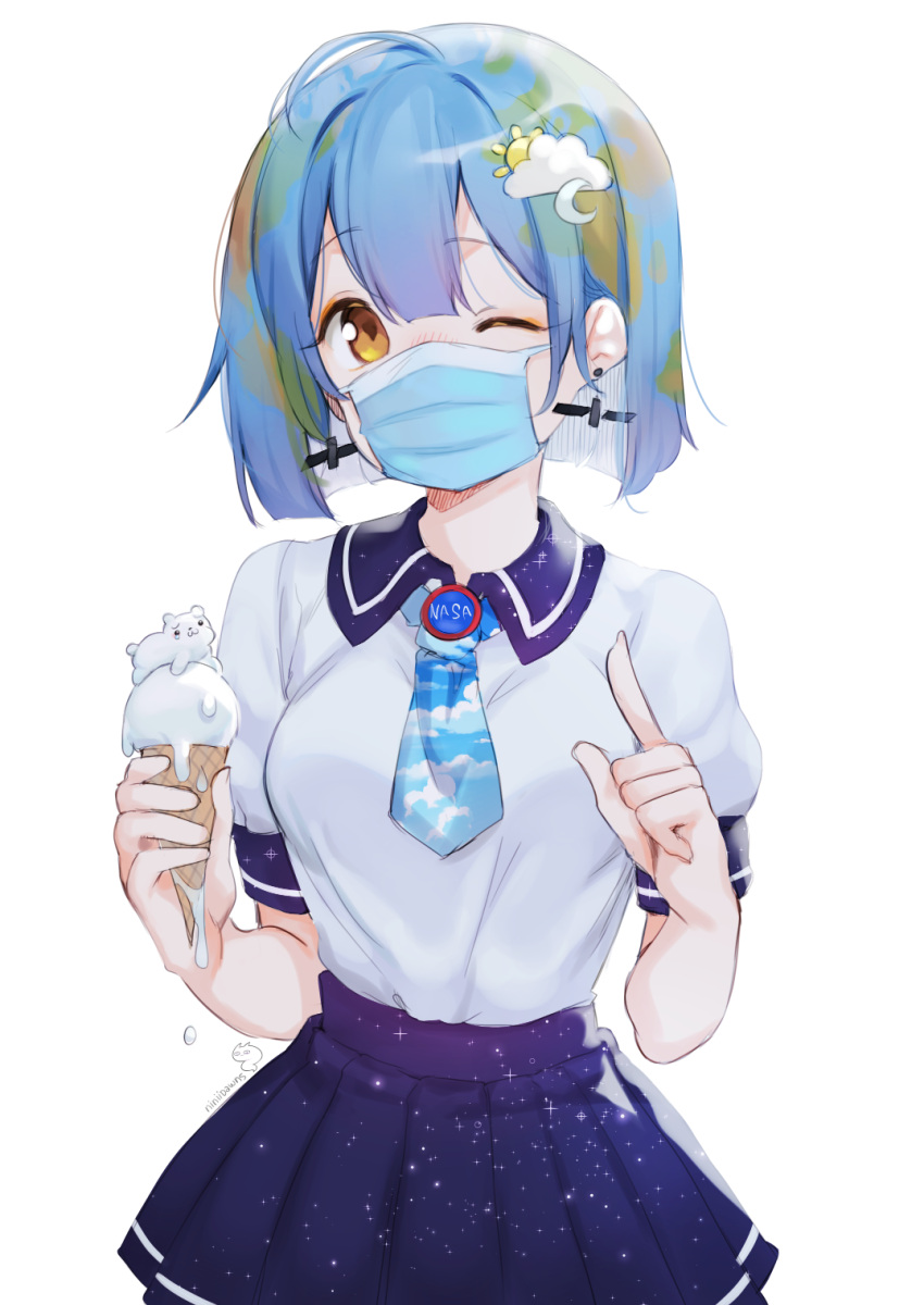1girl, ahoge, bangs, bear, blue_hair, blunt_ends, blush, bob_cut