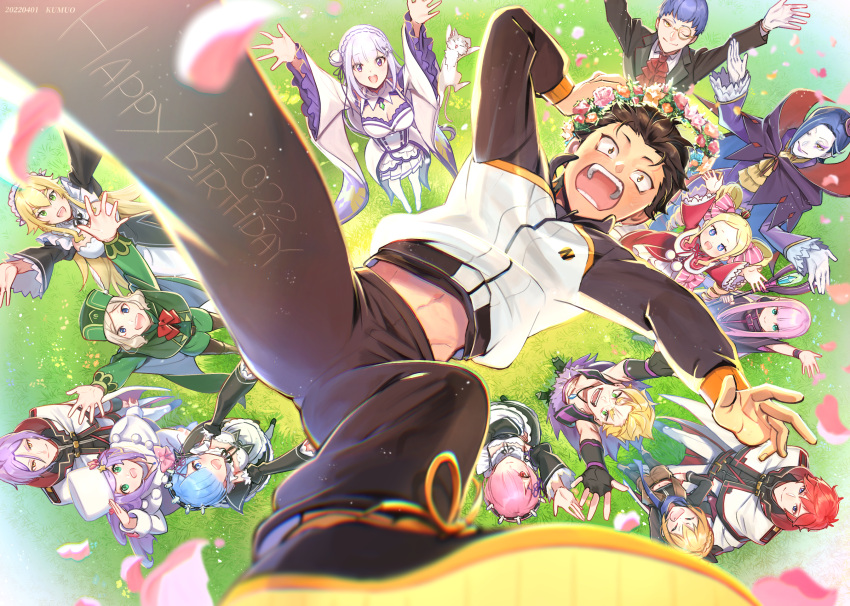 2022, 6+boys, 6+girls, \o/, anastasia_hoshin, arms_up, beatrice_(re:zero), birthday, black_hair, blonde_hair, blue_eyes, blue_hair, blurry, blush, butterfly-shaped_pupils, chin_(re:zero), closed_mouth, commentary, cross_scar, depth_of_field, emilia_(re:zero), falling_petals, felt_(re:zero), frederica_baumann, from_above, garfiel_tinsel, green_eyes, grin, hair_slicked_back, hand_on_hip, happy, happy_birthday, head_wreath, highres, jacket, julius_juukulius, kumuo_(mirakurufusao), long_hair, looking_at_viewer, looking_up, maid, makeup, medium_hair, midair, monocle, multiple_boys, multiple_girls, natsuki_subaru, open_mouth, otto_suewen, outstretched_arms, petals, pink_hair, puck_(re:zero), purple_hair, ram_(re:zero), re:zero_kara_hajimeru_isekai_seikatsu, redhead, reinhard_van_astrea, rem_(re:zero), roswaal_l._mathers, roswaal_mansion_maid_uniform, ryuzu_meyer, scar, scar_on_face, short_hair, smile, symbol-shaped_pupils, teeth, track_jacket, track_suit, yellow_eyes