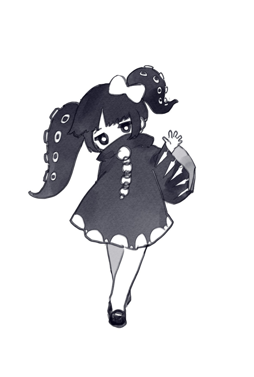 1girl, arm_behind_back, bangs, bare_legs, black_dress, black_footwear, black_hair, bow