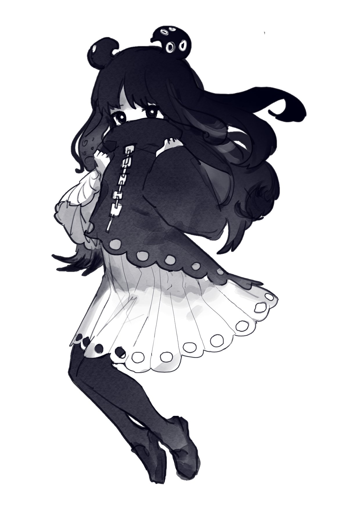1girl, asymmetrical_clothes, bangs, black_dress, black_footwear, black_hair, black_jacket, black_legwear