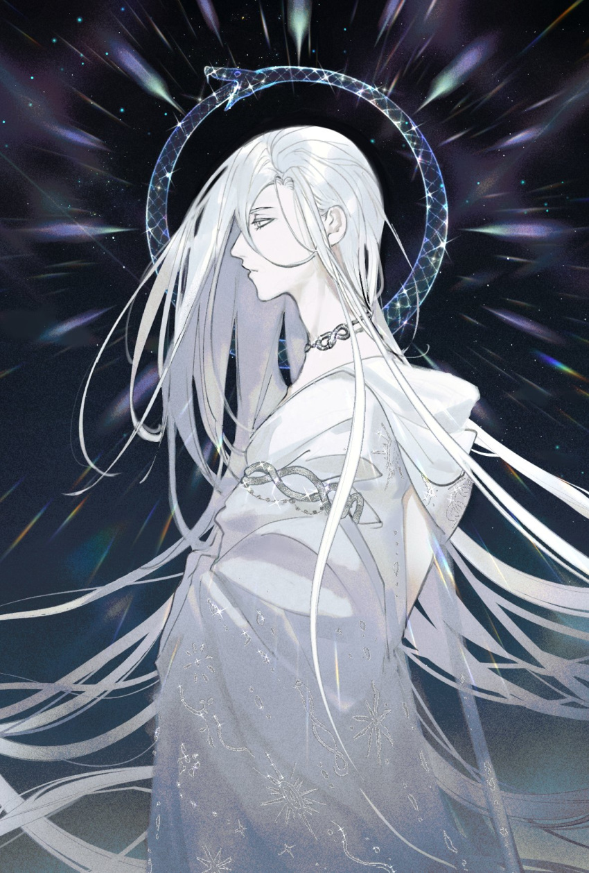 1boy, androgynous, character_request, floating_hair, glowing, haiyahaiyohai, halterneck, highres