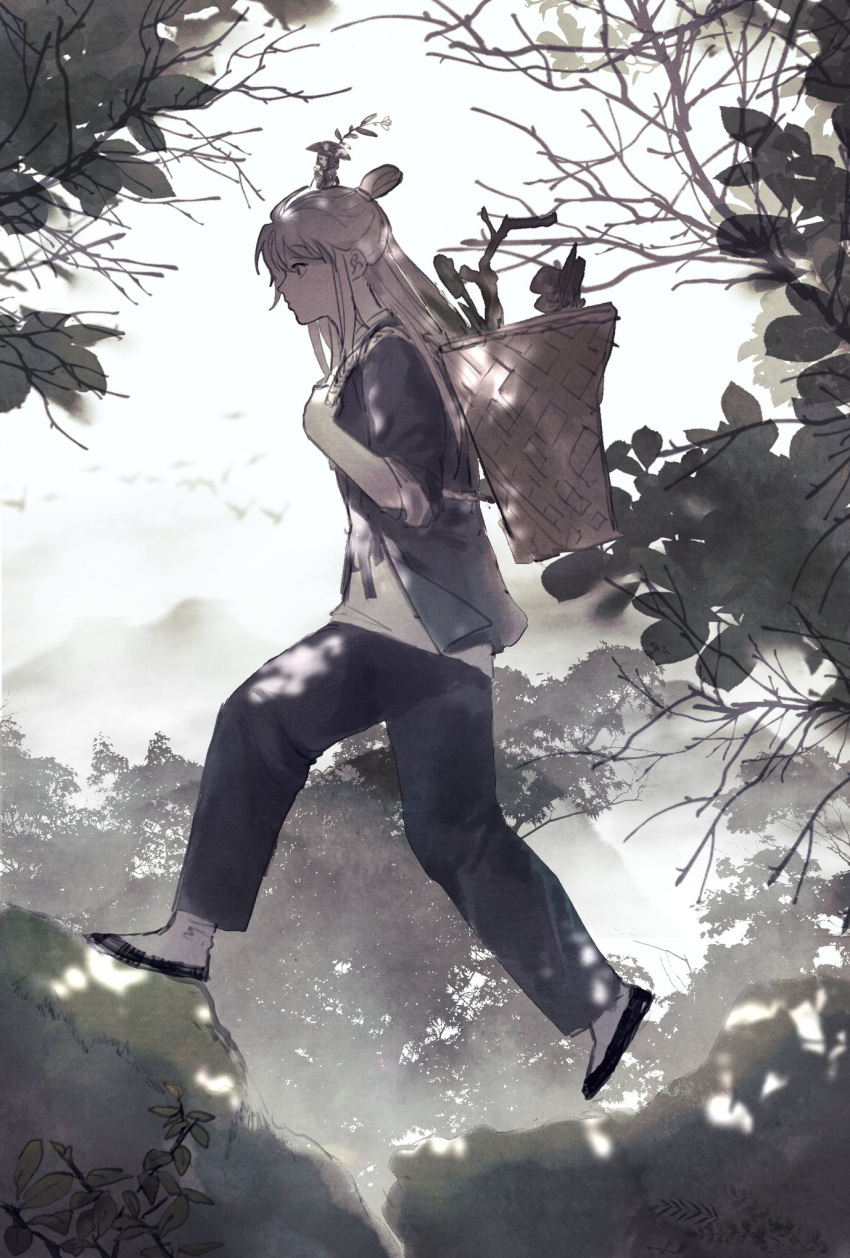 1boy, 1girl, basket, boulder, branch, chinese_clothes, copyright_request, dappled_sunlight