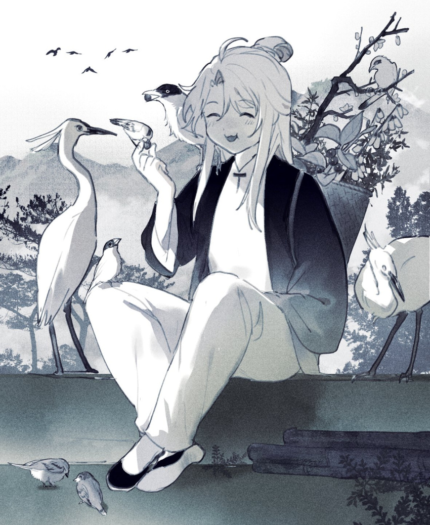 1boy, :3, ^_^, animal_on_shoulder, backpack, bag, bangs, basket