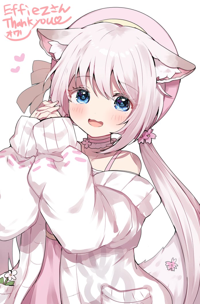 1girl, animal_ears, blue_eyes, cardigan, cat_ears, cat_girl, cherry_blossoms, choker, commission, effiez_(vtuber), flower, hair_ribbon, hat, indie_virtual_youtuber, long_hair, pink_cardigan, pink_hair, pink_shirt, ribbon, riiit44, shirt, single_strap, skeb_commission, solo, twintails, very_long_hair, virtual_youtuber, white_background