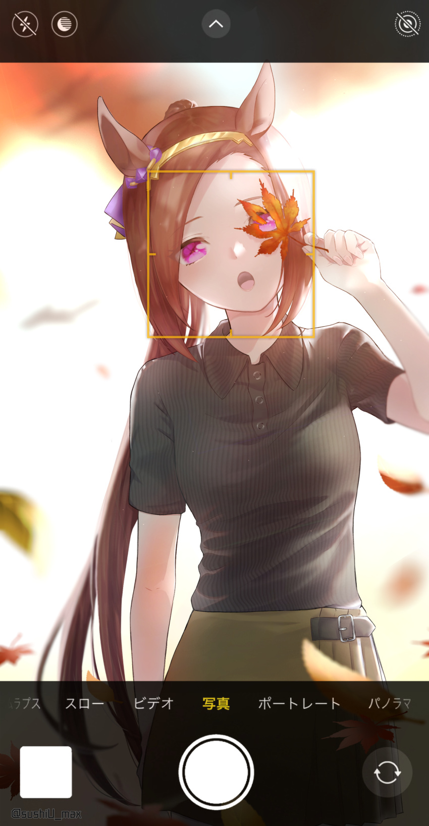 1girl, :o, absurdres, alternate_costume, animal_ears, backlighting, black_shirt, brown_hair