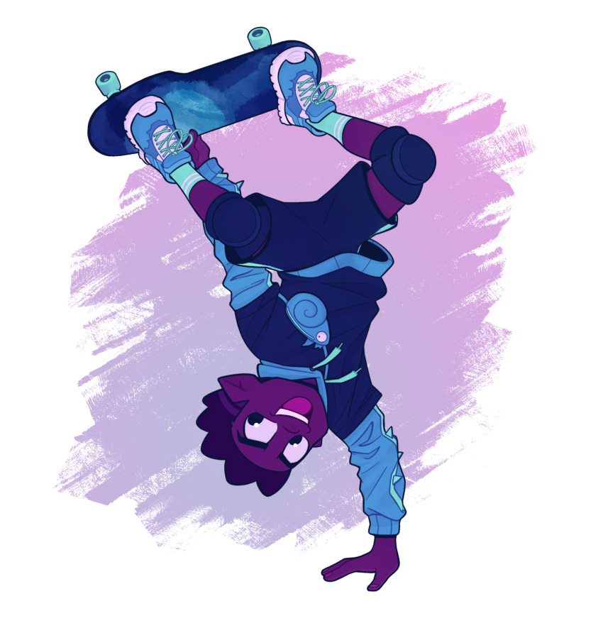1boy, dark-skinned_male, dark_skin, gus_porter, handstand, highres, hood, hoodie, knee_pads, male_child, male_focus, mossy-garden, open_mouth, pointy_ears, shoelaces, shoes, shorts, skateboarding, sneakers, socks, solo, the_owl_house, upside-down, witch