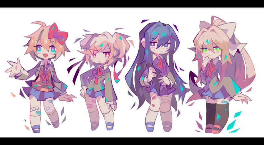 4girls, :<, asagina_gi, bandages, bandaid, bangs, black_legwear, blue_eyes, blush, brown_hair, doki_doki_literature_club, green_eyes, hair_intakes, hair_ornament, hands_on_hips, holding, holding_hair, long_hair, looking_at_viewer, monika_(doki_doki_literature_club), multiple_girls, natsuki_(doki_doki_literature_club), open_mouth, parted_bangs, pink_eyes, pink_hair, ponytail, purple_hair, red_ribbon, ribbon, sayori_(doki_doki_literature_club), school_uniform, short_hair, smile, socks, sweatdrop, twintails, violet_eyes, waving, white_legwear, white_ribbon, x_hair_ornament, yuri_(doki_doki_literature_club)