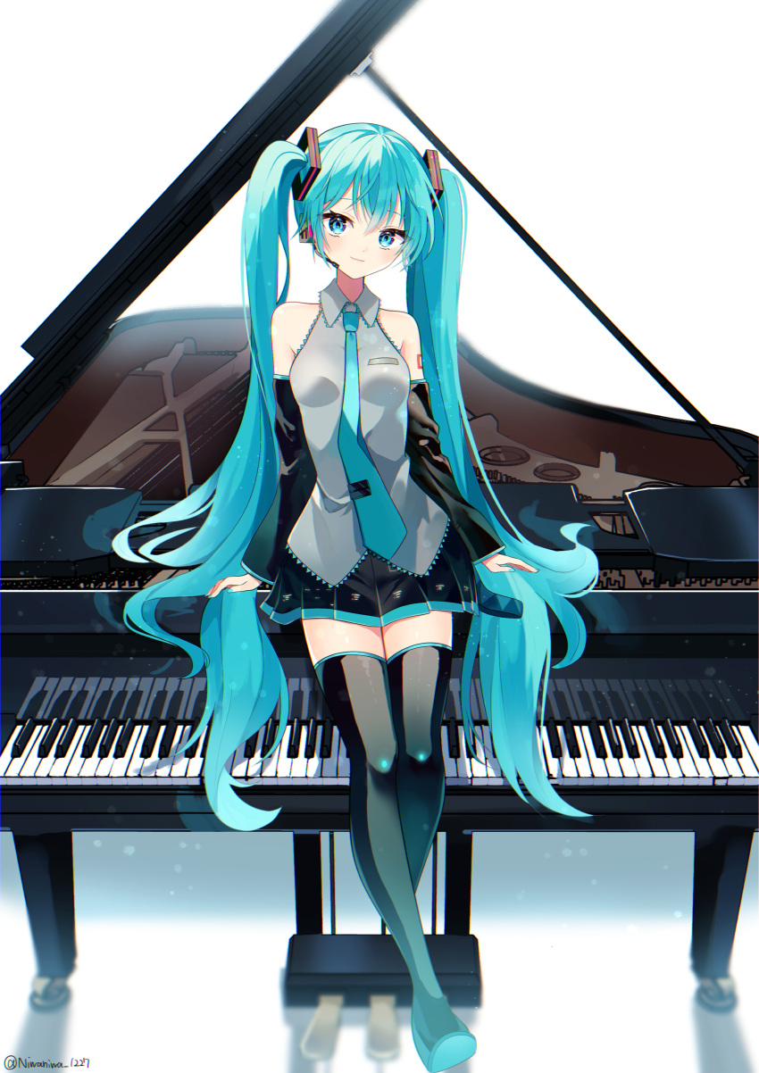 1girl, absurdres, aqua_eyes, aqua_hair, aqua_nails, aqua_necktie, bare_shoulders, black_legwear, black_skirt, black_sleeves, bloom, boots, commentary_request, crossed_legs, detached_sleeves, grand_piano, grey_shirt, hair_ornament, hatsune_miku, headphones, headset, highres, instrument, light_smile, long_hair, looking_at_viewer, miniskirt, nail_polish, necktie, niwa_(niwaniwa_1227), niwaniwa_1227, on_piano, piano, pleated_skirt, reflection, shirt, shoulder_tattoo, sitting, skirt, sleeveless, sleeveless_shirt, solo, tattoo, thigh-highs, thigh_boots, twintails, twitter_username, very_long_hair, vocaloid, white_background, zettai_ryouiki