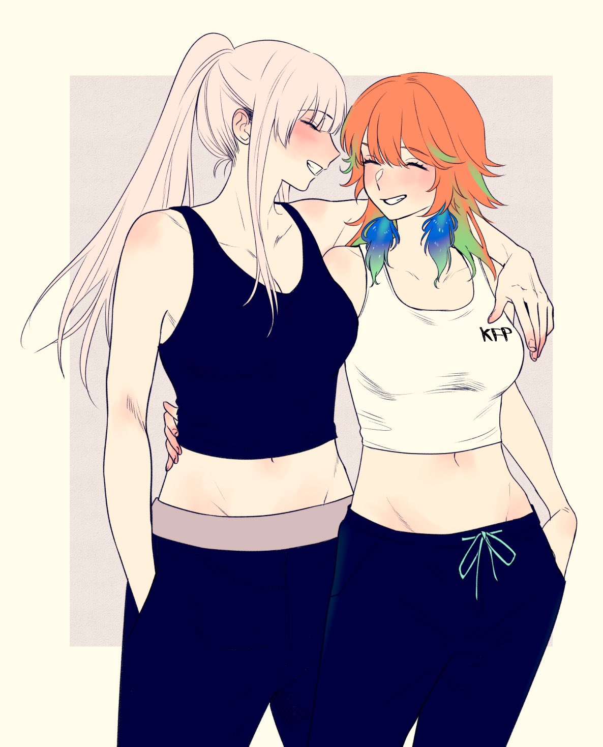 2girls, alternate_costume, arm_across_waist, arm_around_shoulder, arm_around_waist, asymmetrical_docking, bangs, blush