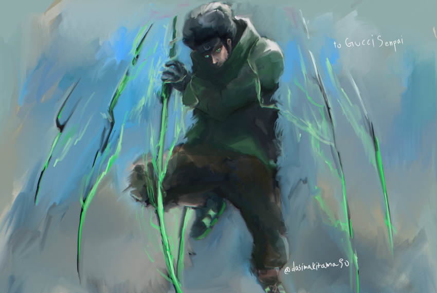 1boy, absurdres, afro, black_footwear, black_hair, black_hairband, black_pants, commission