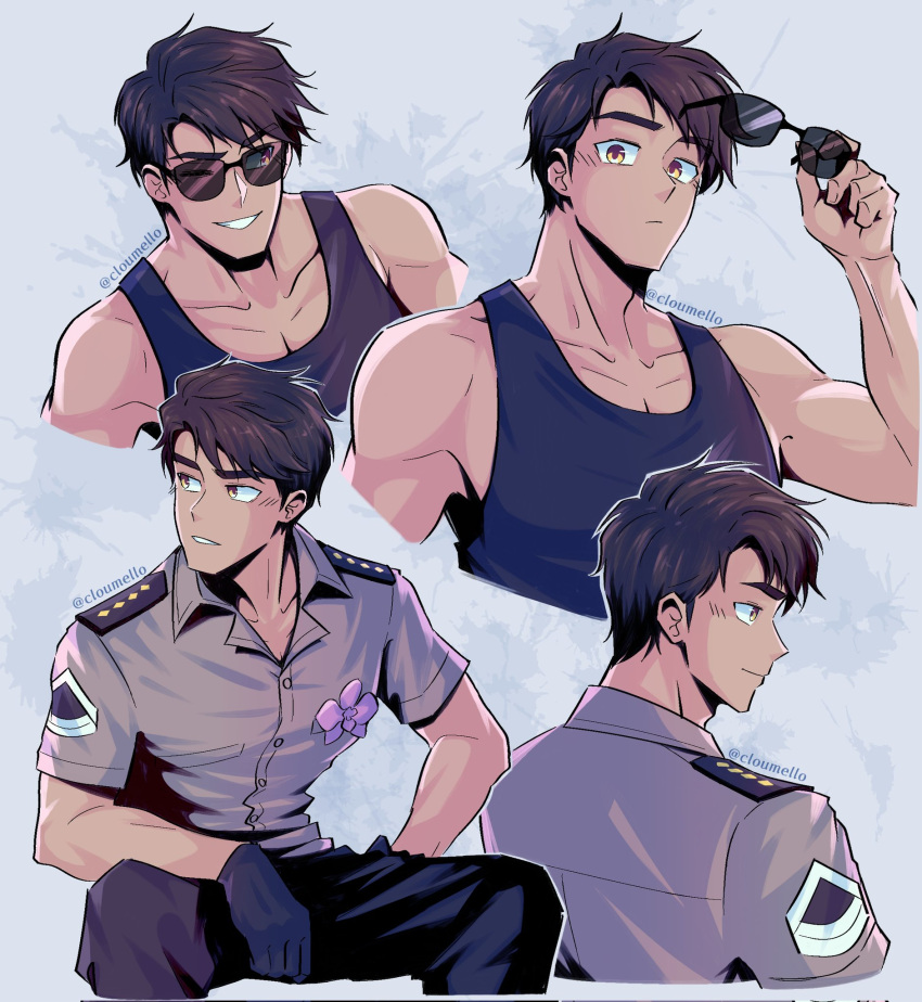 1boy, axis_powers_hetalia, black_tank_top, cloumello, dark-skinned_male, dark_skin, from_above, gloves, grin, highres, indonesia_(hetalia), leather, leather_gloves, looking_to_the_side, male_focus, multiple_views, muscular, muscular_male, one_eye_closed, pectoral_cleavage, pectorals, profile, removing_eyewear, smile, sunglasses, tank_top, twitter_username