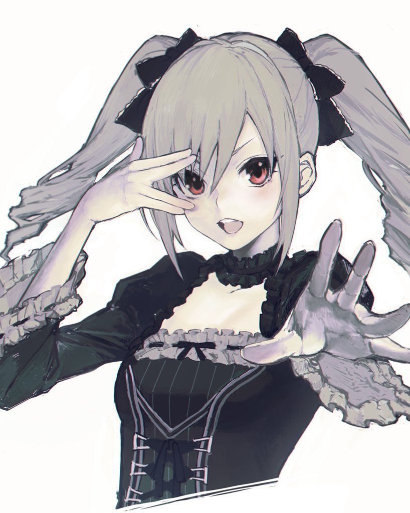 1girl, black_choker, black_dress, breasts, choker, dress, eyebrows_behind_hair, grey_hair