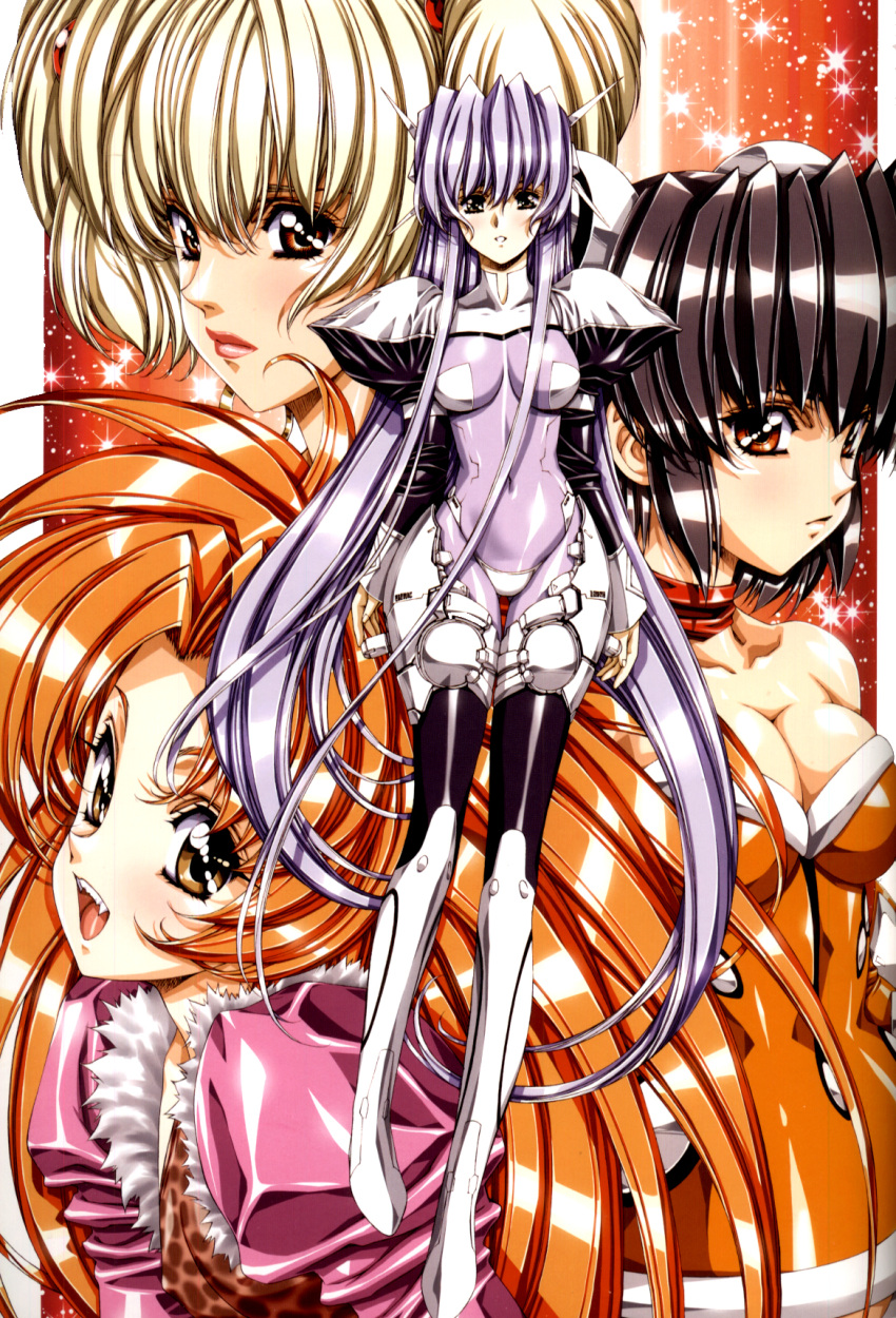 animal_print, armor, blonde_hair, bodysuit, boots, breasts, brown_eyes, choker, cleavage, dress, eliza, eliza_(growlanser), frane, frayne, growlanser, growlanser_iv, highres, lavender_hair, leona, leona_(growlanser), lipstick, long_hair, multiple_girls, orange_hair, purple_hair, red_eyes, regina, regina_(growlanser), short_hair, smile, thigh_boots, thigh_gap, thighhighs, twintails, urushihara_satoshi, very_long_hair