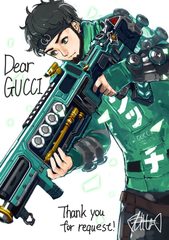 1boy, angel_city_hustler_mirage, apex_legends, assault_rifle, black_eyes, black_hair, black_headband, character_name