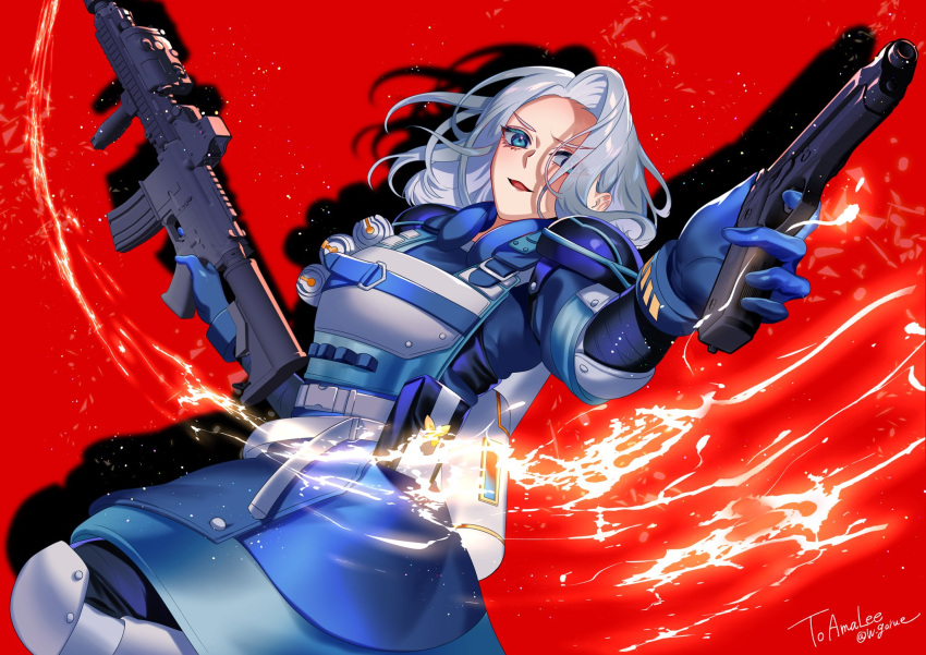 1girl, apex_legends, armor, assault_rifle, bangalore_(apex_legends), bangalore_(apex_legends)_(cosplay), blue_eyes, blue_jacket